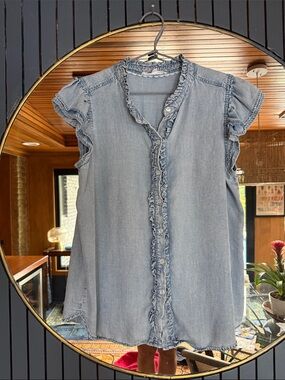 Jane and Delancey Light Blue Ruffle-Trim Chambray Blouse